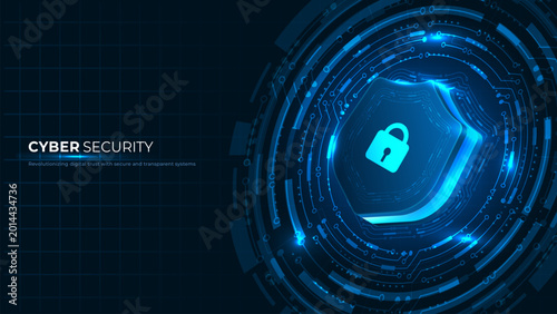 Cyber security shield protecting network data, global internet privacy, digital information and secure technology systems. Vector illustration