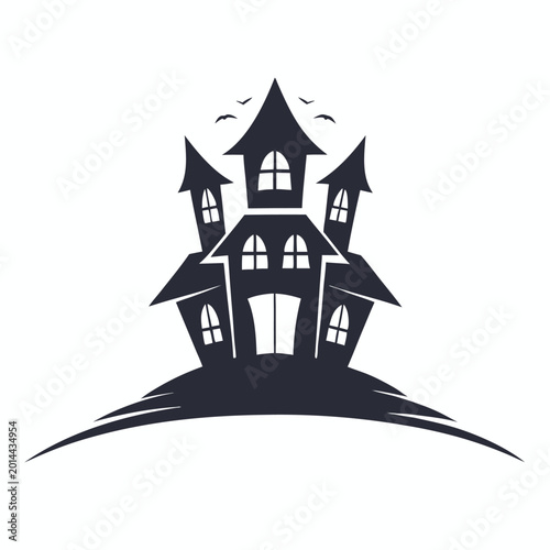 Foto Pixel Art Haunted House on a Spooky Hill in Solid Black and White Vector