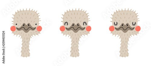 Cute little ostrich face illustration isolated set. Kawaii cartoon character....