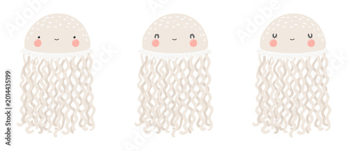 Cute little jellyfish illustration isolated set. Kawaii cartoon character. Wi...