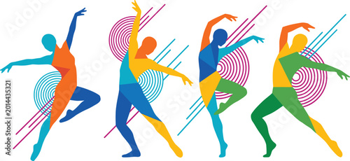 Tableau sur toile Vibrant abstract geometric dancer silhouettes set with colorful polygons and dyn