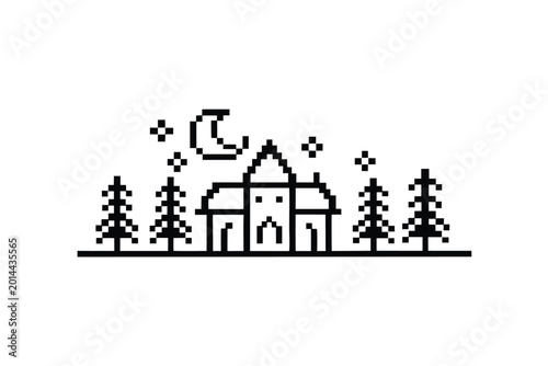 Foto Evocative Pixel Art Black and White Haunted Moon Night Silhouette Artwork