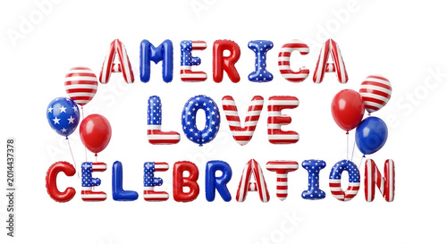 4th of july typography 'america love celebration' with patriotic balloons isolated on transparent background