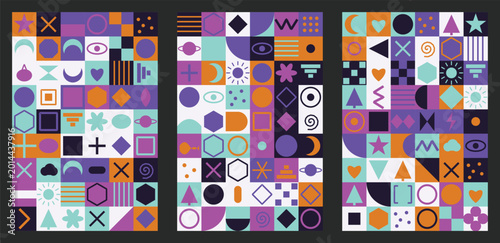 Foto Modern abstract geometric pattern triptych with orange and purple shapes and ico