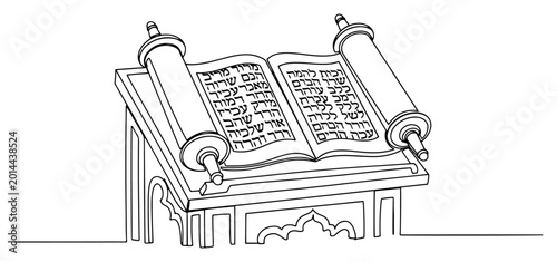 Bild auf Leinwand Jewish Torah Scroll on Bimah Continuous Line Art, Sacred Hebrew Scripture Minima