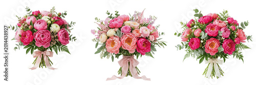 Large Round Bouquet of Mixed Pink and Orange Peony Roses Isolated on White Background - Vibrant Spring Floral Arrangement for Gift Branding, Home Decor, and Professional Botanical Assets