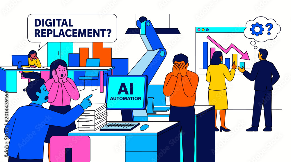 Naklejka premium AI Automation Threatens Jobs, Causing Workplace Anxiety and Disruption