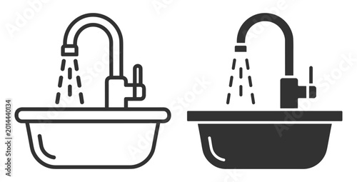 Konstfotografi kitchen sink and faucet icon set with running water illustration on transparent