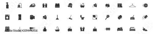 Fotografie cleaning and household chores icons set with hygiene and sanitation tools symbol