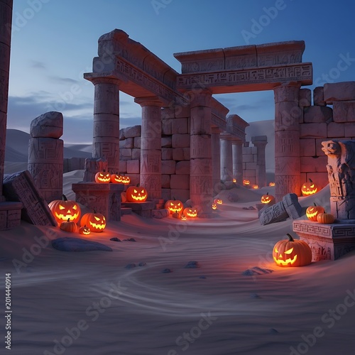 Many glowing jack-o-lantern pumpkins with scary faces placed among ancient stone ruins in a mysterious dark graveyard setting at night for a spooky halloween