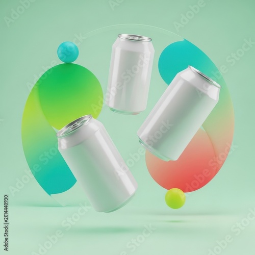 Three blank aluminum soda cans floating with colorful abstract geometric shapes