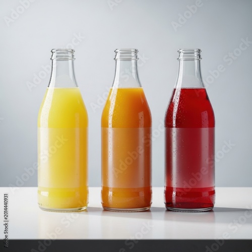 Three glass bottles filled with colorful fruit juice drinks on a table