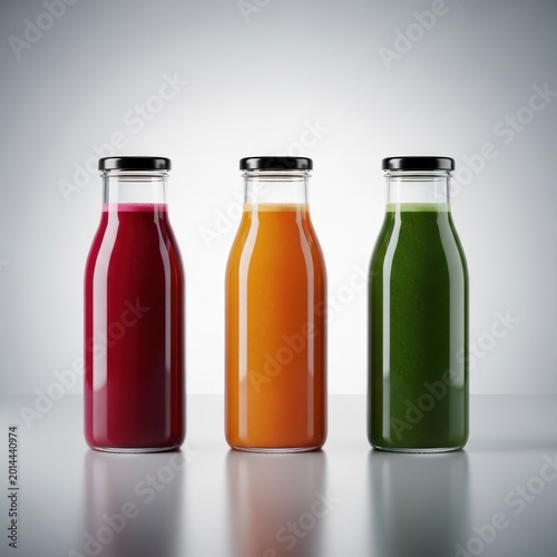 Three glass bottles filled with colorful fruit and vegetable juice drinks