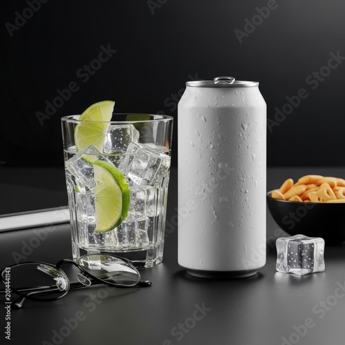 Blank metal soda can with a glass of cold drink and lime slices on black table