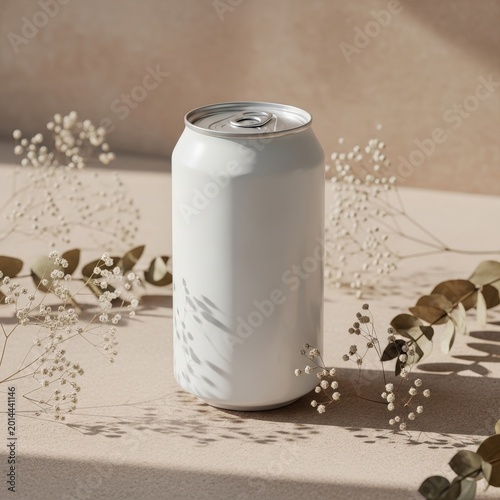 Blank white soda can standing on a table with green leaves