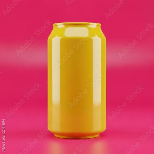 Blank yellow soda can on a bright pink background