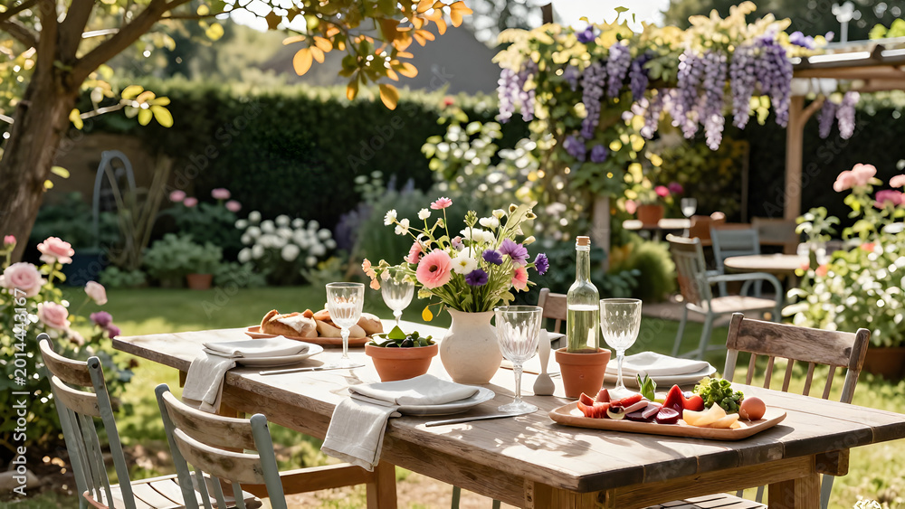 Obraz premium Rustic garden table setting with linen napkins, vintage glassware, and antipasti in dappled sunlight