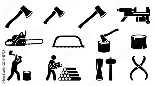 Fotografie Wood Chopping and Forestry Tools Silhouette Icon Set – Axe, Chainsaw, Log Splitt