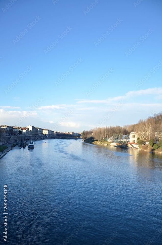 Fototapeta premium Po River Landscape with Blue Sky in Turin Italy