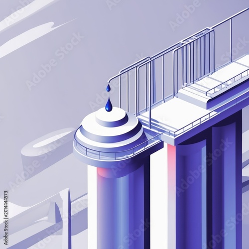 Abstract hydroelectric dam represented by three thick horizontal bars and a single droplet. Generative AI