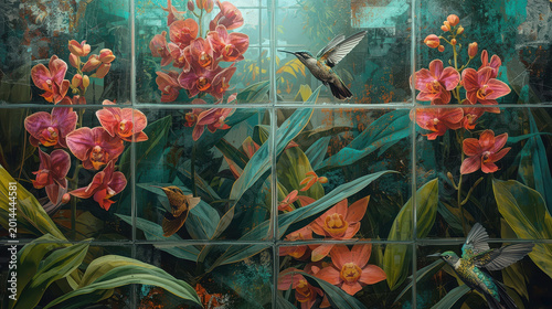Greenhouse glass panels reflecting tropical orchids, iridescent wiring, and hummingbirds. Generative AI