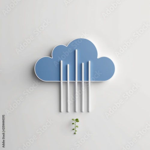 Minimalist cloud icon with three vertical lines representing rain falling onto a tiny sprout. Generative AI