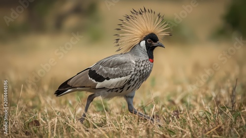 A secretary bird walking through the veld, its unique crest feathers blowing in the wind. Generative AI
