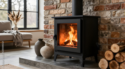 Close-up of a gas cooktop stove's glass door with flames inside, surrounded by a stylish living room