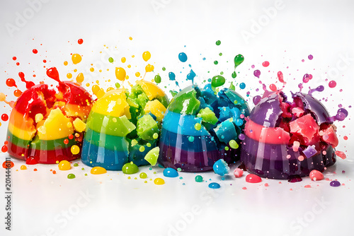 Rainbow pudding balls exploding softly into colorful droplets capturing frozen motion and high energy dessert creativity
