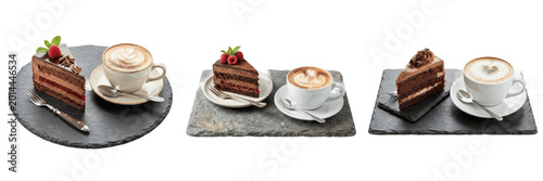 Fotografie Set and collection of chocolate cake and coffee set isolated on white background