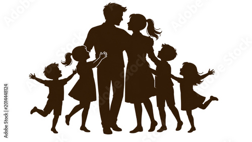 Quadro su tela Happy family silhouette embracing with children, illustration of togetherness an