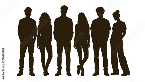 Fotografie A diverse group of young people stand together as silhouettes against a white ba