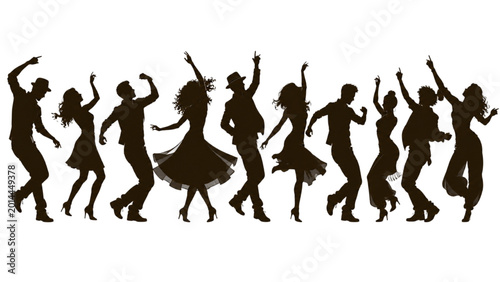 Konstfotografi Silhouettes of dancing people in a joyful celebration, capturing the energy of a