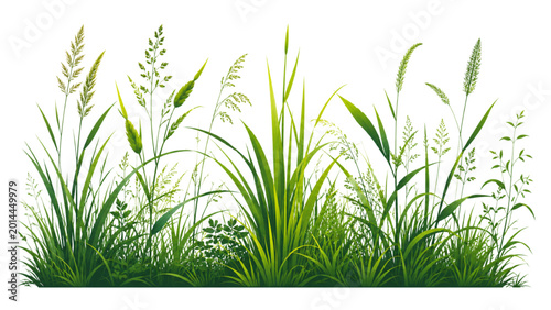 Tableau sur toile Lush green meadow grass with various species of plants and flowers, detailed ill