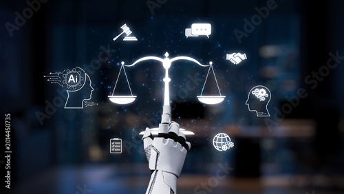 Foto A striking visual of a robotic hand holding a scale representing justice, surrounded by digital icons symbolizing artificial intelligence and law in a modern tech setting