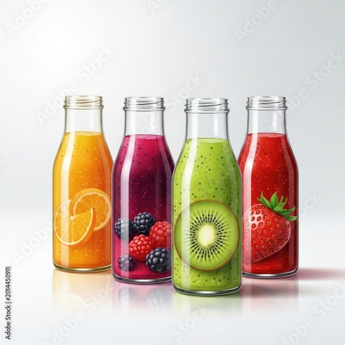 Four glass bottles of fresh fruit juice and smoothies with berries and citrus