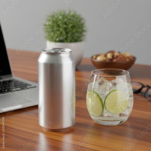 Silver aluminum drink can and glass with lime slices on a wooden office desk