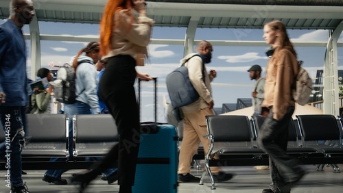 Tableau sur toile Commuting, runway control tower and multiethnic men with women in airport transport hub