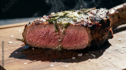 Schilderij op canvas Juicy grilled tomahawk steak with herb butter and coarse salt on a wooden board