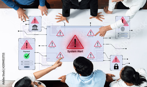 Cuadro en lienzo Team of Professionals Analyzing System Alert with Warning Icons and Digital Interface Representing Cybersecurity Threats and Errors in an Office Setting