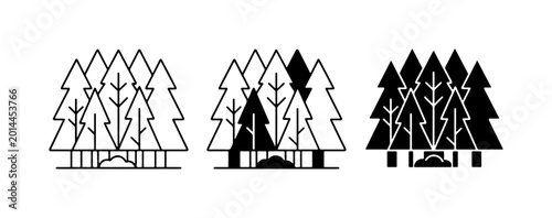 Fotografi Forest Icons Set, Pine Trees Vector Graphics, Nature Landscape Symbols, Woodland