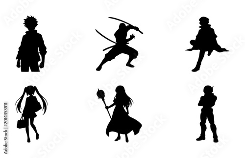 Bild auf Leinwand Anime Silhouette Characters, Manga Style Figures, Dynamic Poses, Black Vector Ic