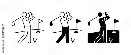 Golf Swing Icons, Golfer Icon Set, Sports Vector Graphics, Golf Course Elements, Silhouette and Outline Styles