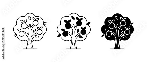 Fruit Tree Icons Set, Simple Outline and Silhouette Vector Graphics for Orchard, Harvest, and Nature Designs