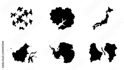 World Geography Collection: Diverse Continents and Island Nations Silhouettes, Global Map Shapes for Educational and Travel Design