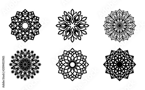 Set of 6 Intricate Black Mandala Designs, Geometric Ornate Circular Patterns, Decorative Ethnic Vector Elements, Spiritual Meditation Art