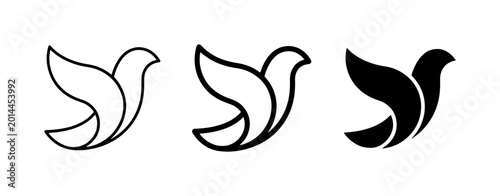 Dove Icons, Bird Silhouettes, Peace Symbols. Vector Graphics for Freedom, Hope, and Spirituality. Set of Three Stylized Flying Birds.