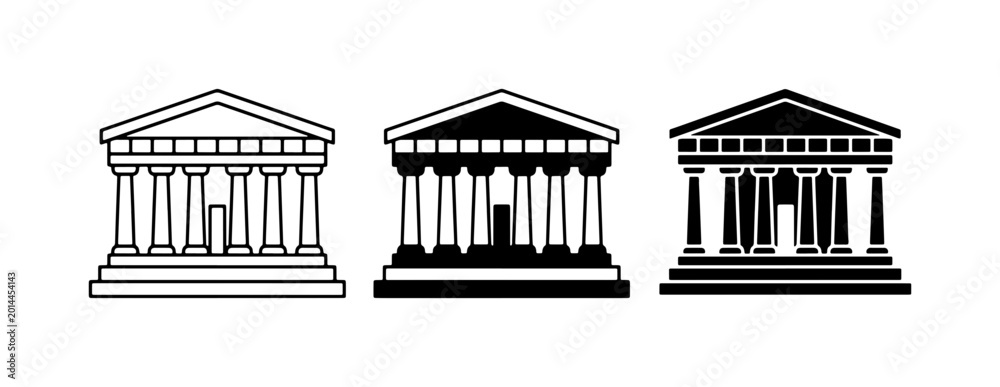 Fototapeta premium Ancient Greek Temple Icons, Classical Architecture Symbols, Government Building Illustrations, Set of Three Columns Facades