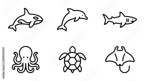 Schilderij op canvas Oceanic Wildlife Icons Set: Killer Whale, Dolphin, Shark, Octopus, Turtle, Manta