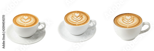 Fotografía Set of white ceramic cup of coffee with latte art isolated on white background
